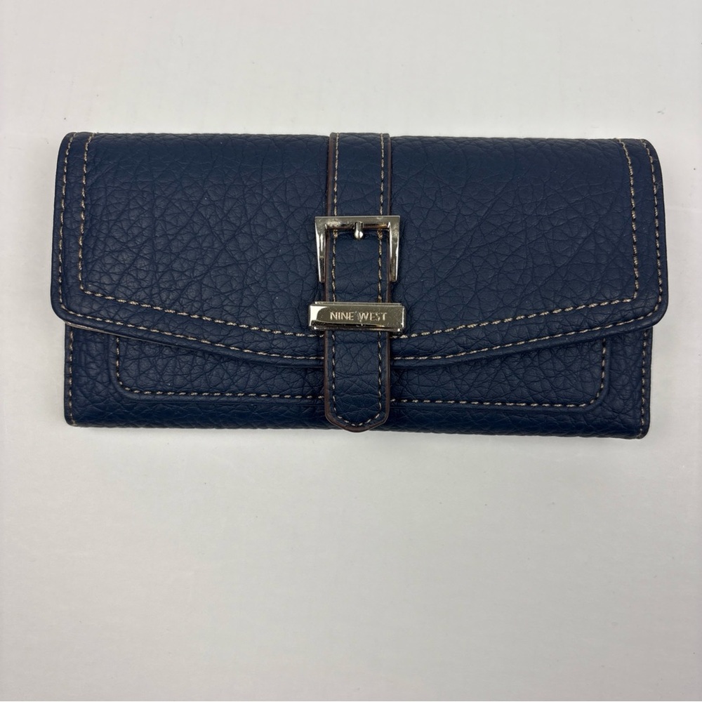 Nine West Women Wallet Blue Tri-Fold Snap Faux Leather Metallic Lining NWOT